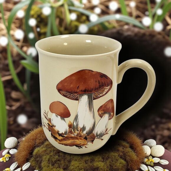 Vintage 1970s Mushroom Mug Double Sided Retro Cream Brown Coffee Cup Mushrooms - Picture 1 of 8